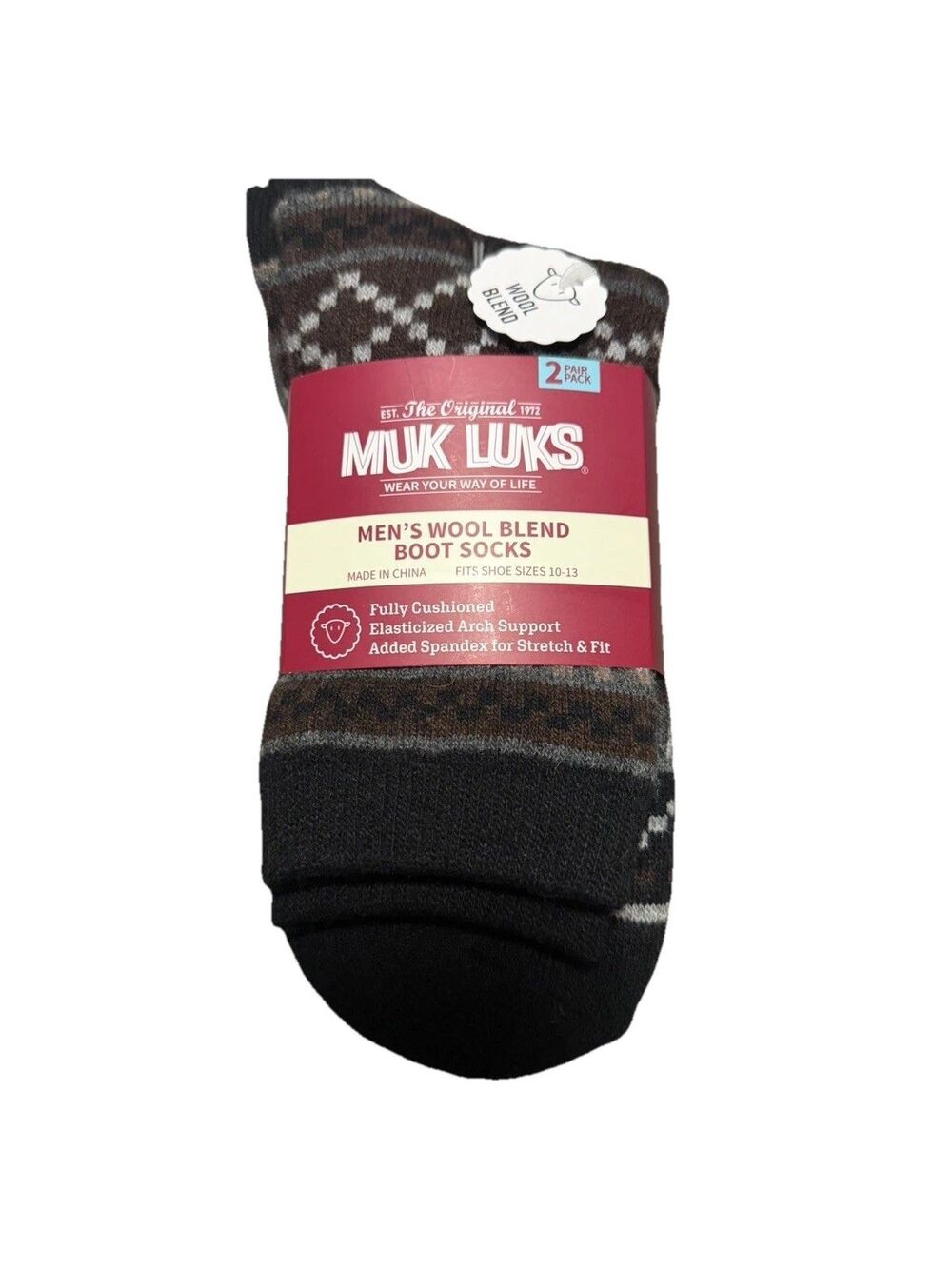 MUK LUKS MEN'S 2 PK WOOL BLEND BOOT SOCKS, SHOE SIZE 10-13